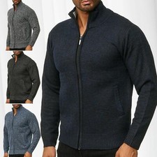 Mens Zip Up Wool Knit Funnel Neck Cardigan Thermal Fleece Lined Jumper Sweater