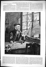 Antique Print Sporting Dramatic News 1883 Man Building Model Ship Fine Art 19th