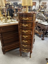French Kingwood Marquetry Round Walnut & Mahogany Chest of Drawers Tall Boy