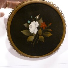 LARGE ANTIQUE 4 1/4" PETRA-DURA FLORAL IN BRASS PICTURE FRAME