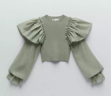 NEW ZARA Sage Green Knit Contrast Organza Frill Puff Sleeve Top S 2142/106/527