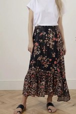 Maxi Skirt Size L Navy Lily & Lionel Floral Metallic Print Womens Frill Boho