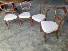 Four antique Victorian walnut serpentine dining chairs cabriole legs cream