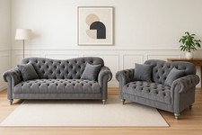 Italian Elegance Chesterfield Grey Sofa Set | Plush Velvet 3 + 2 Sofa Set