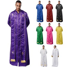 UK Men Clergy Robe Priest Vestment Church Pope Gold Cross Pulpit Cassock+Stole