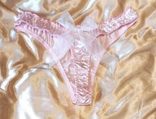 Womens Sweet Sexy Silky Pink Satin Thong Panties Knickers Sissy CD TV Sz M 10-12