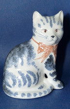 RYE POTTERY BLUE & WHITE STRIPED SITTING CAT WITH BOW  8"