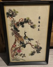 antique chinese silk embroidery panel framed Birds in tree 