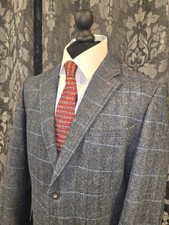 RAGING BULL Blazer, Herringbone Tweed, Windowpane Check, Grey/Blue, Size XL