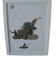 Large unique 3D Rock & Pebble art picture on canvas. 3 Fishermen  Handmade