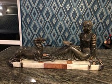 EXTRA LARGE 60cm SPELTER ART DECO FIGURE OF A LADY & BORZOI ON BASE. 1920s 1930s