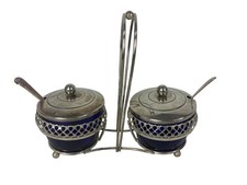 Cobalt Blue Double Sugar Bowl Condiment Set Silver Plated With Spoons
