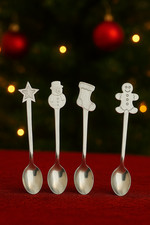 Set of 4 Christmas Themed Metal Teaspoons-Festive Hot Chocolate Spoons- red bag