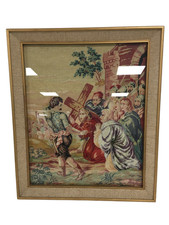 Vintage Framed Religious Needlepoint Cross Stitch Tapestry Jesus Carrying Cross