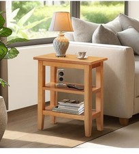 Side Table, Wooden Oak Occasional Table with 2 Shelves, Coffee Lamp End Table