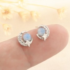 925 Sterling Silver Blue Crescent Moon Crystals Cute Stud Earrings Womens Gift