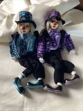 2 Floppy Bodied Clowns With Ceramic Hands Shoes & Faces 12 Inches Long