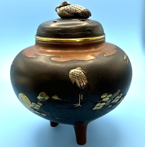 Crane bronze incense burner - bronze,