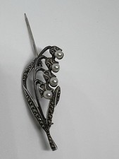 STERLING SILVER SNOWDROPS FLOWER BROOCH WITH MARCASITE CRYSTALS & SEED PEARLS