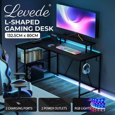 Levede L-Shaped Gaming Desk Computer Table with RGB Lights Power Outlets 132.5CM