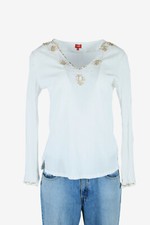 Vintage Beaded Blouse Boho Indian Tunic Kaftan Smock Retro Ivory Size S - LB365