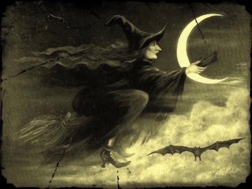 Victorian flying witch on - flying,