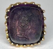 Antique 'FORGET ME NOT' Flower Gold Colour Watch Fob Wax Seal Stamp Purple Glass