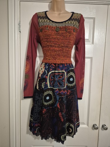 Red blue knit boho dress - red,