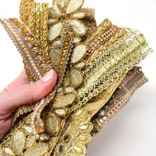 Gold Sari Trims 25 Pieces | Boho Borders & Ribbons, Shiny Metallic Indian Braids