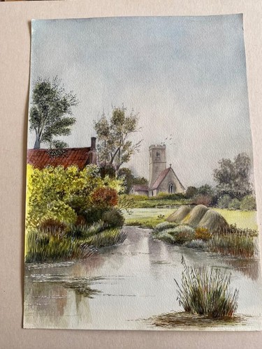 Watercolour church village - watercolour,