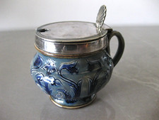 ANTIQUE DOULTON LAMBETH STONEWARE MUSTARD POT WITH SILVER PLATED LID - 1883