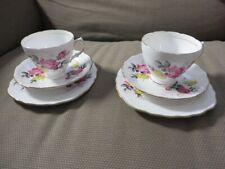 Royal Vale Pink/Yellow Roses Bone China Tea Cup/Saucer/Cake Plate Trio x 2 Sets