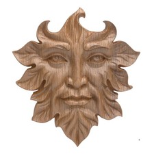 Green Man Plaque Garden Decor Leaf Face Wall Sculpture Handmade Solid Oak Woo...