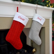 Personalised Christmas Stocking Deluxe Luxury Embroidered Knitted Silver Red