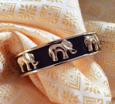 Gold plated black enamel elephant bracelet bangle hinged clamper Art Deco style