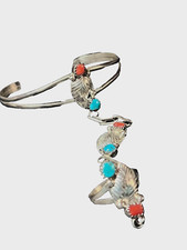 Sterling Silver Slave Bracelet Ring set Genuine Navajo Turquoise & Coral stones