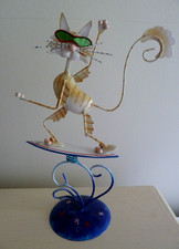 Colourful Modern Metal Springy Surfing Cool Cat Ornament - 25cm high