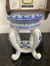 Oriental Decorative Plant Pot Stand Ceramic Blue White Pattern Floral Table Side