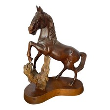 Vintage Carved Wooden Horse Statue - Rearing Stallion on Wooden Base