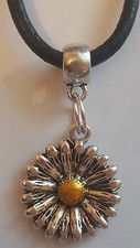 BEAUTIFUL SUNFLOWER TIBETAN SILVER PENDANT ON BLACK LEATHER CHOKER NECKLACE.