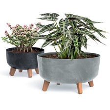 Round Low Concrete Look Planter Flower Pot Indoor Outdoor Garden Decor With Legs