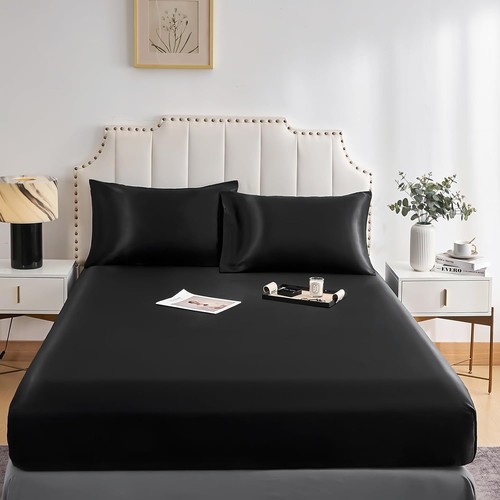Black satin fitted sheet - satin,