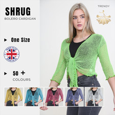 Ladies Tie Up Shrug 3/4 Sleeve Fine Knit Crop Bolero Cardigan Summer Evening Top