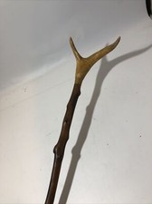 Antique Rustic Handmade Hickory and Deer Antler Handle Walking Stick Cane