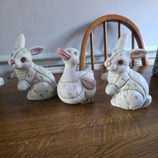 Fabric Look Bunny Rabbit & Duck Figurine Set Cottagecore Shabby Chic Decor