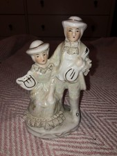 Vtg Girl And Boy Musicians Porcelain Figurine White With Gold Gilt 6’in Tall.