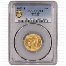 1922 Sydney Mint Gold Sovereign PCGS MS64 - Rare Australian Sovereign Top Pop