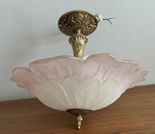 Vintage Glass Uplighter Ceiling Light Fitting 36cm Brass Art Deco Pink ##