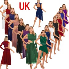 UK Womens Girls Rhinestone Lyrical Dance Dress Sheer Mesh Leotard Modern Costume