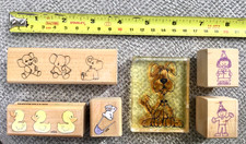 6 Rubber Craft Stamps -  Elephants, Ducks, Bunny on Pin, Dog, Children
